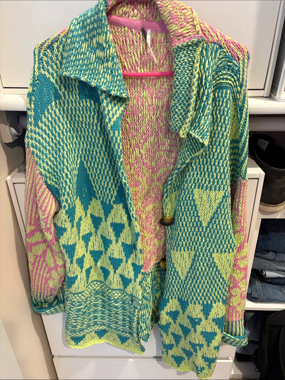 Free People Colorblock Textured Knit Cardigan in Teal, Lime & Pink